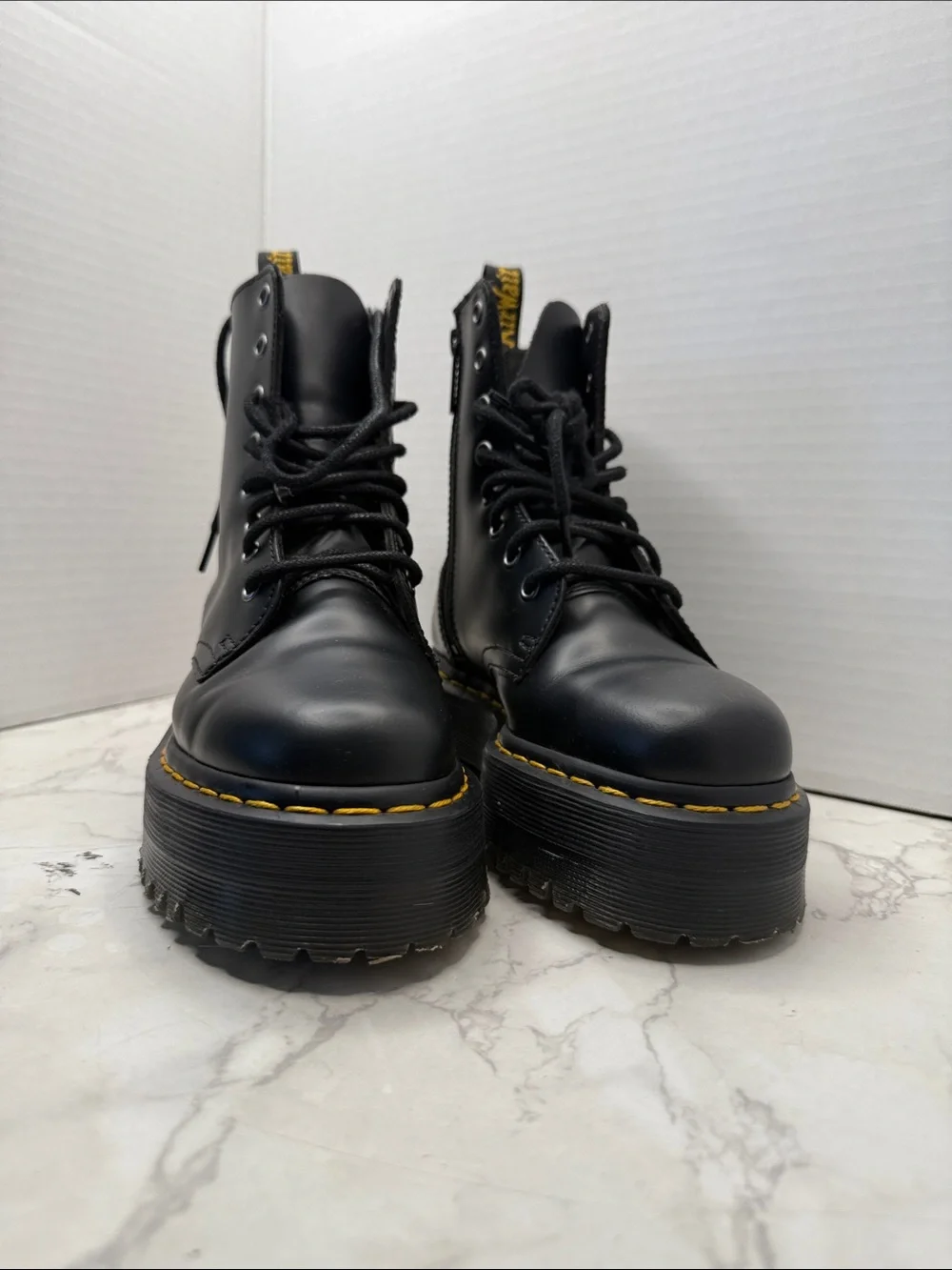Dr. Martens Black Platform Lace-Up Boots with Yellow Stitching